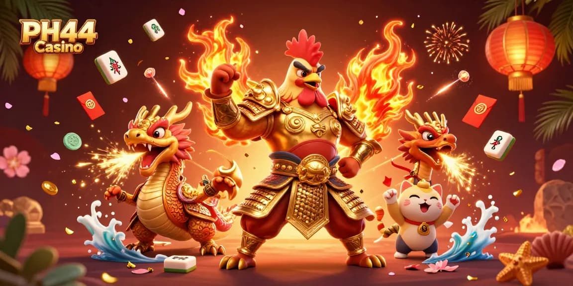 Experience thrilling action at PH44 Casino with a warrior rooster and dragon amid vibrant festival elements.