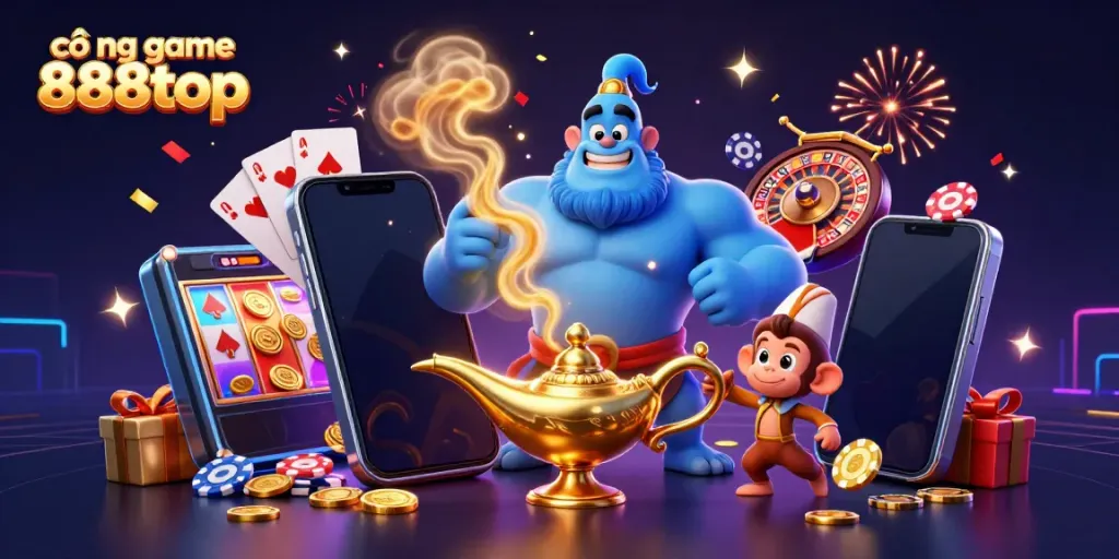Experience exciting games at cổng game 888top with a vibrant 3D casino illustration featuring a genie and gaming elements.