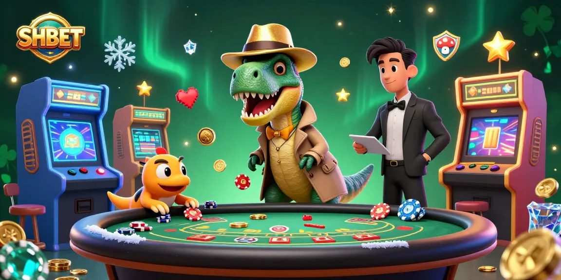 3D velociraptor at SHBET casino blackjack table, surrounded by dynamic gaming elements.
