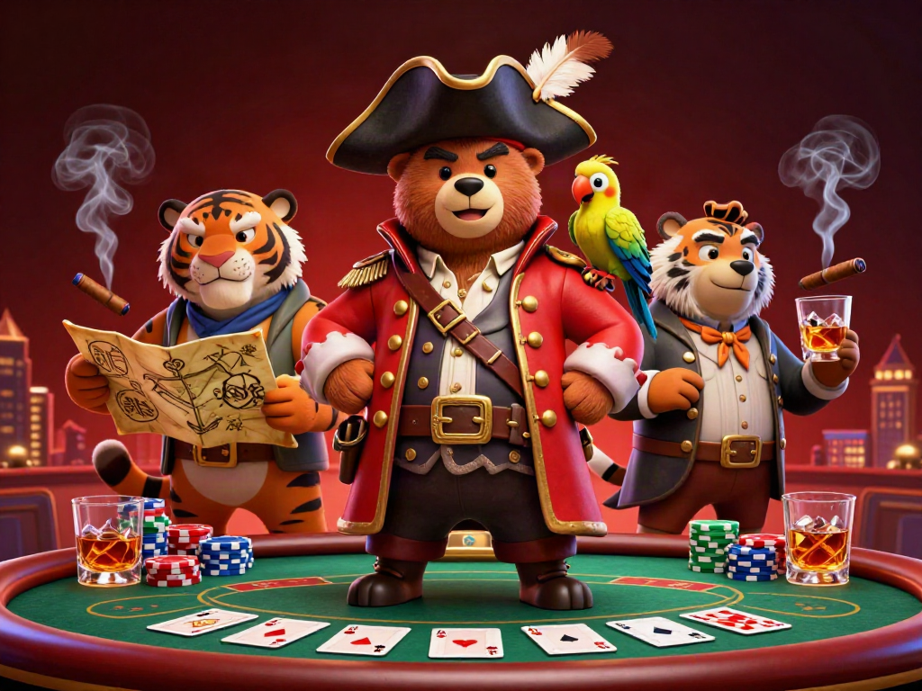 Catch the excitement of MM88 with vibrant casino elements featuring a pirate bear, tiger, and parrot.