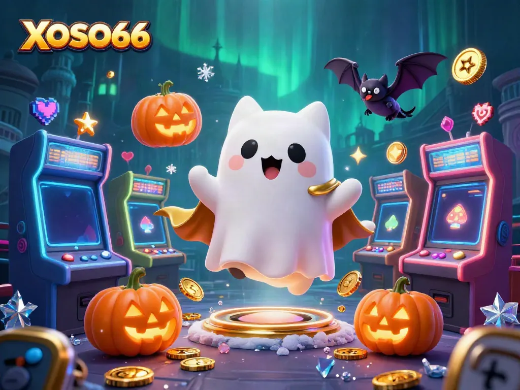Engage with XOSO66, where a ghost cat and vampire bat bring casino excitement alive amidst glowing games and spooky elements.