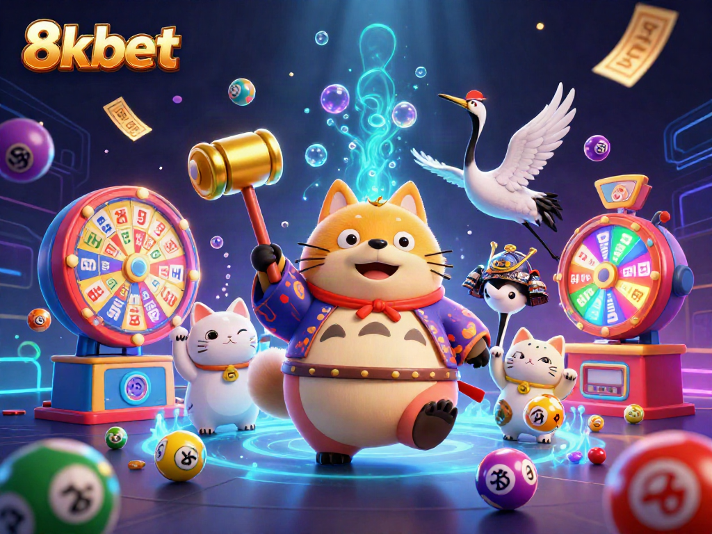 Engage in 8xbet's vibrant gaming world with cheerful characters and lottery excitement.