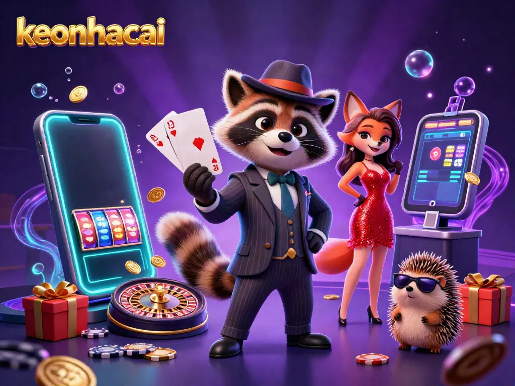 Experience keonhacai excitement with a suave raccoon, glamorous fox lady, and a hedgehog bouncer in this dynamic casino scene.
