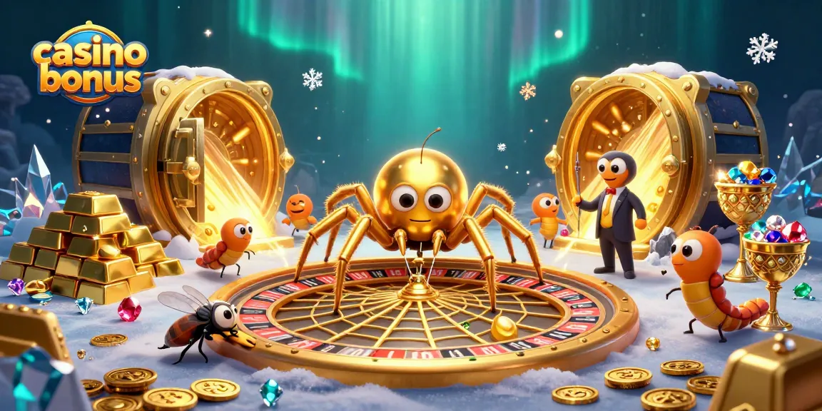 Engaging illustration of a casino bonus scene, featuring a golden spider and a centipede croupier spinning a roulette wheel.