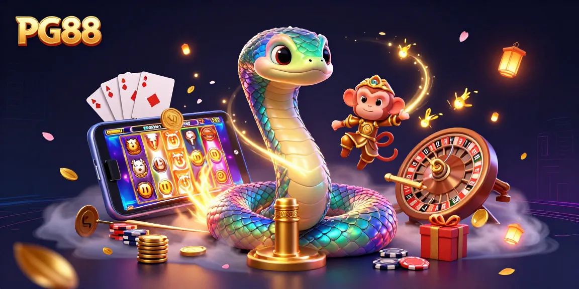 Spin winning reels at PG88 in a festive casino-themed illustration with a golden serpent.