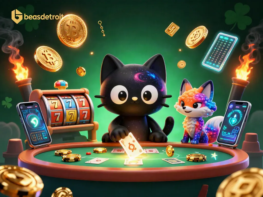 Win big at beasdetroit with a dynamic cosmic casino scene showcasing slots and crypto elements.