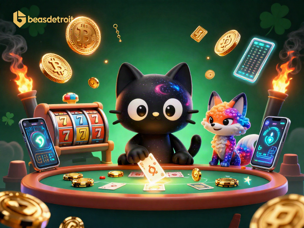 Win big at beasdetroit with a dynamic cosmic casino scene showcasing slots and crypto elements.