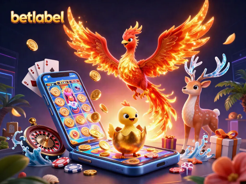 Betlabel casino features a phoenix and mystical stag with games and coins in a vibrant 3D scene.