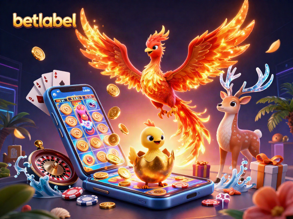 Betlabel casino features a phoenix and mystical stag with games and coins in a vibrant 3D scene.