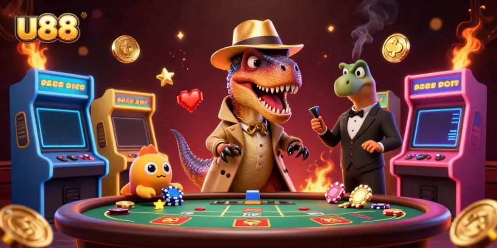 Experience thrilling gameplay at u88 as a velociraptor tries to blend in at a blackjack table.