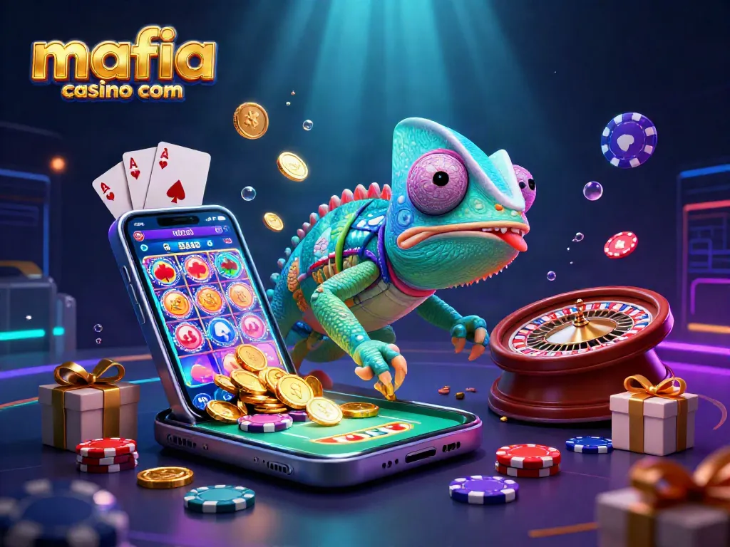 Engage in thrilling gameplay with mafia casino com as the colorful chameleon promotes lucrative slot games.