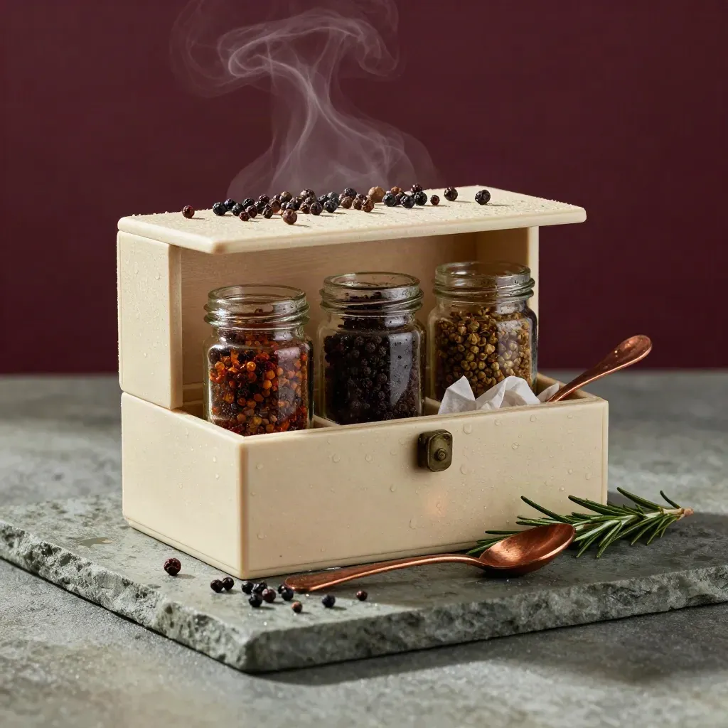 Cofanetto regalo con tre vasetti di pepi, grani sparsi, cucchiaino di rame e rosmarino su pietra sage.