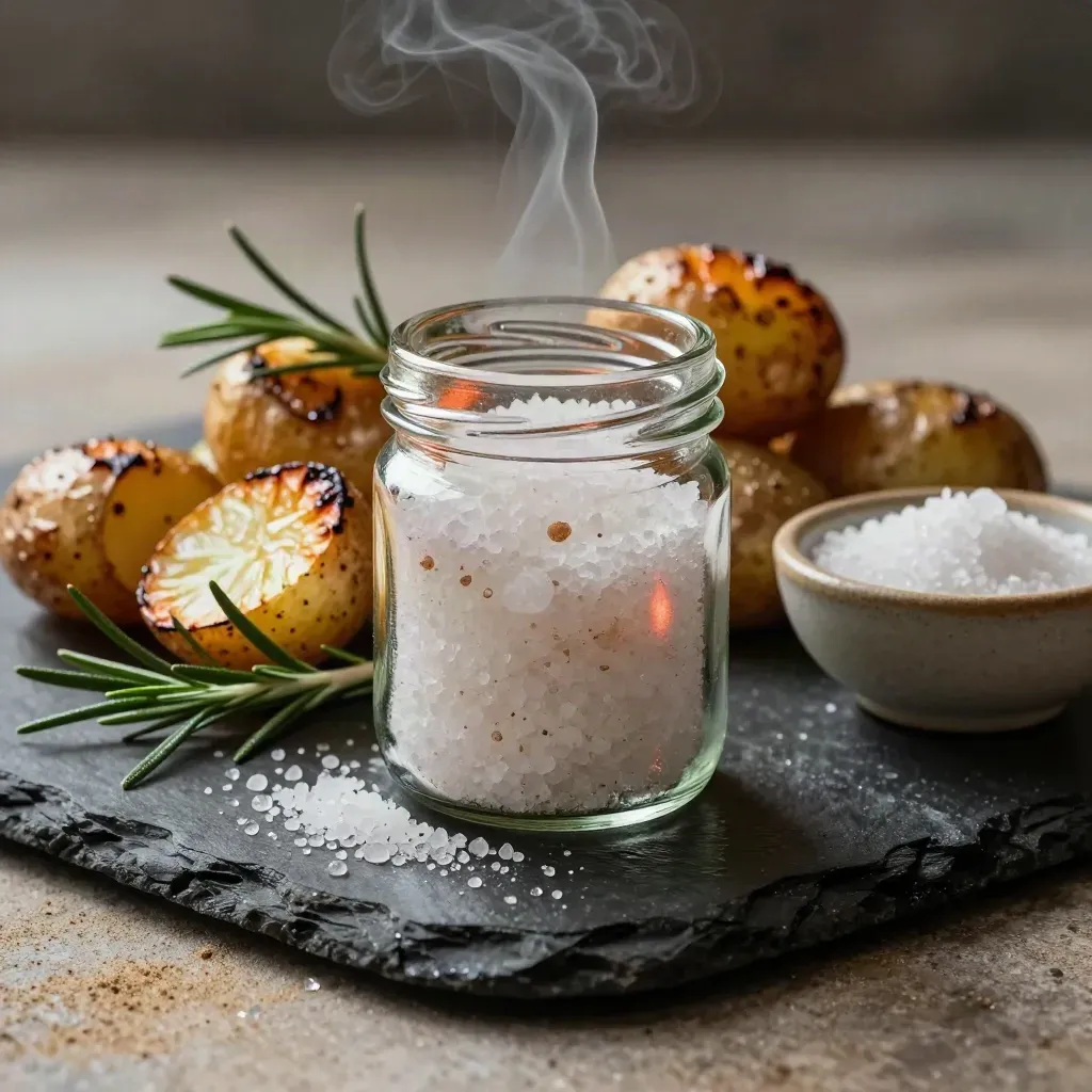 Vasetto di sale affumicato al rosmarino su pietra bagnata con patate arrosto, rosmarino e fiocchi di sale.