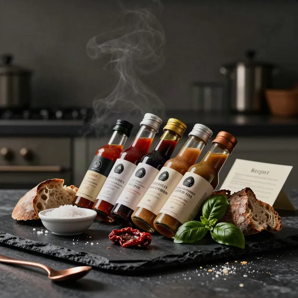 Box assaggio per pepe e salse con pane rustico, sale affumicato, pomodori secchi e basilico.