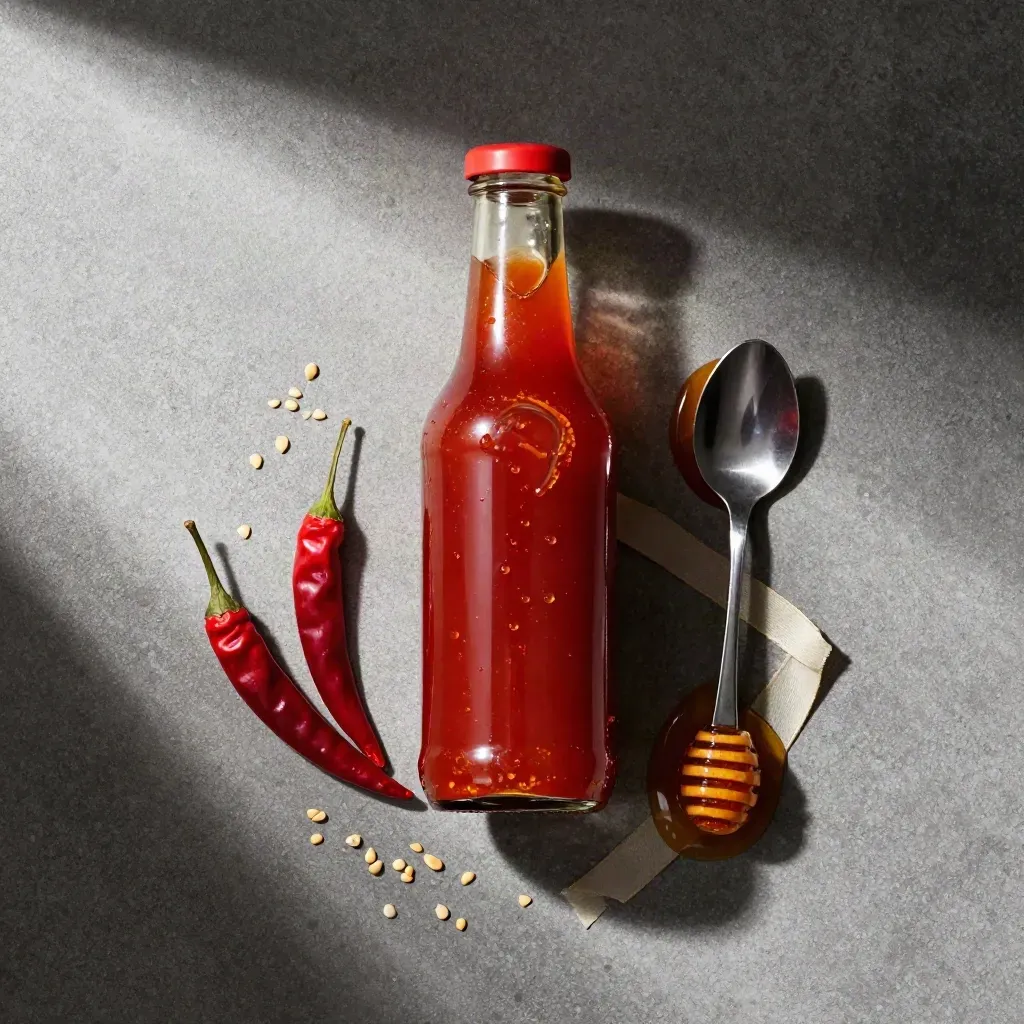 Bottiglia di salsa dolce al peperoncino con cucchiaino smaltato, peperoncini e miele su pietra