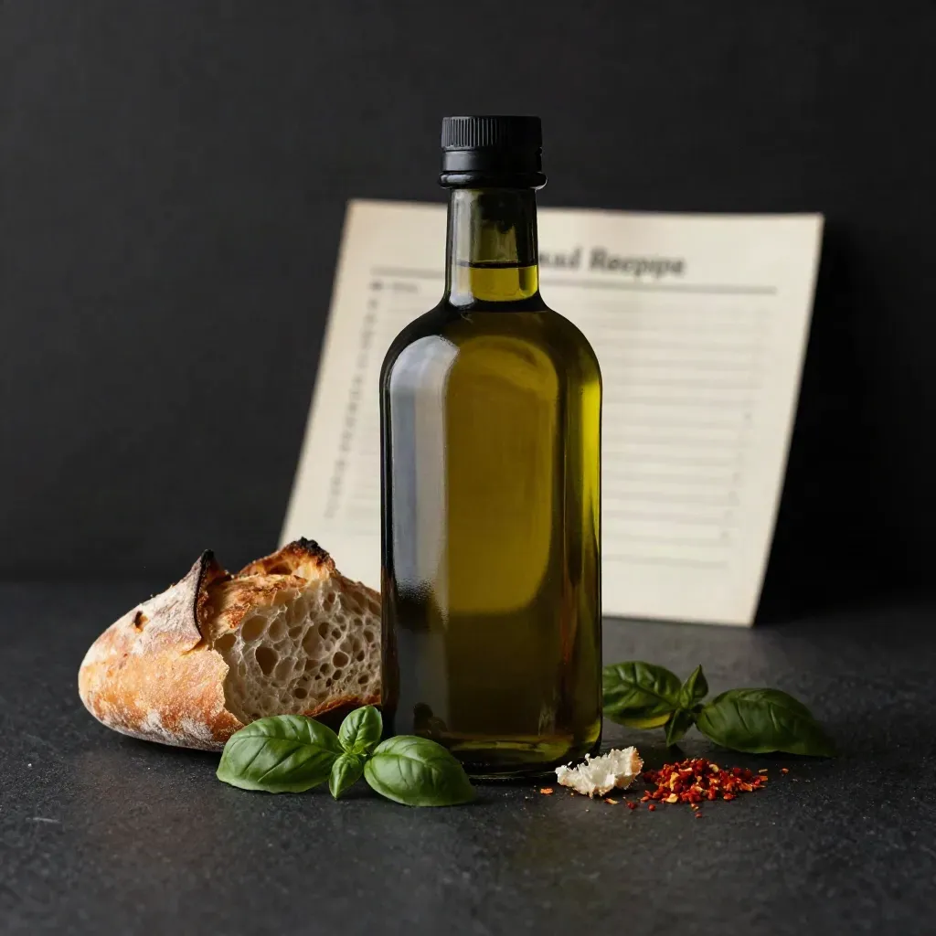 Bottiglia d’olio piccante al basilico con pane croccante, basilico e fiocchi di peperoncino su fondo scuro.