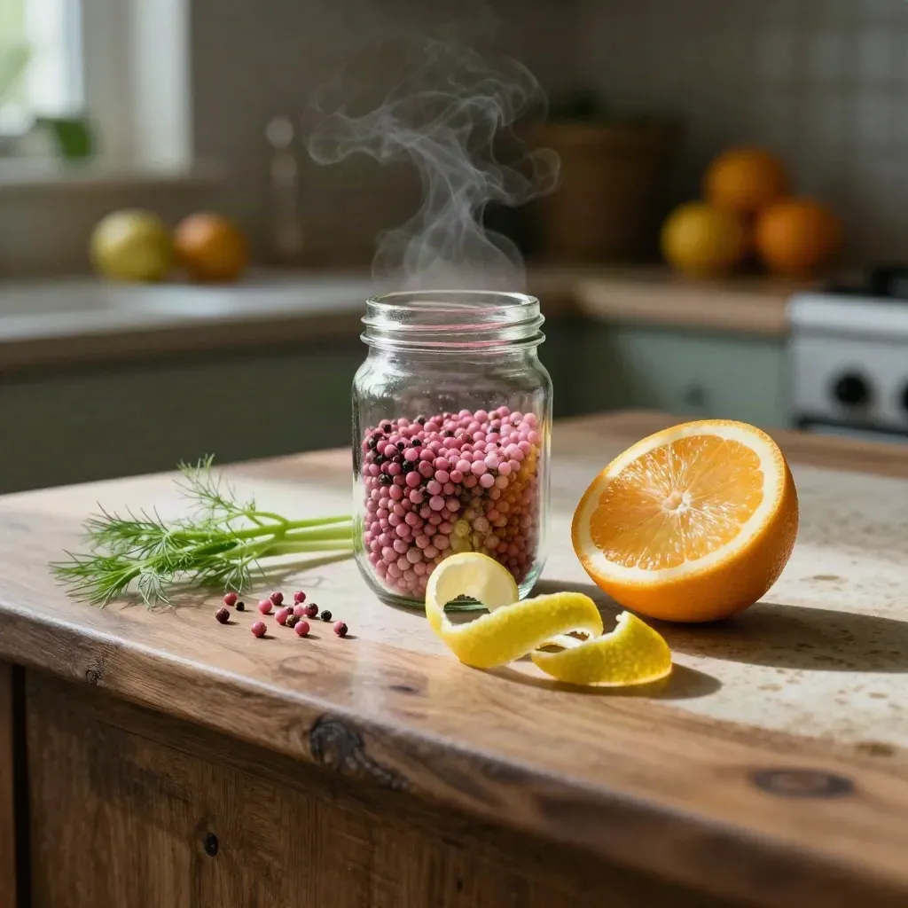 Barattolo di pepe rosa e agrumi con scorze di limone, arancia e finocchio su piano caldo