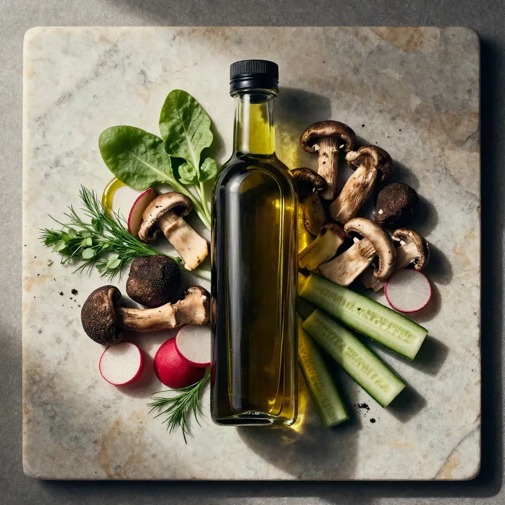 Bottiglia di vinaigrette al tartufo con funghi, foglie verdi e verdure crude su pietra chiara.