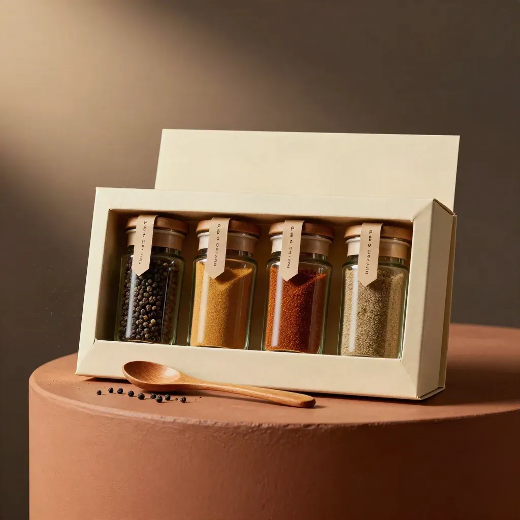 Box regalo di quattro spezie con barattoli, nastro di carta e cucchiaio su base terracotta.