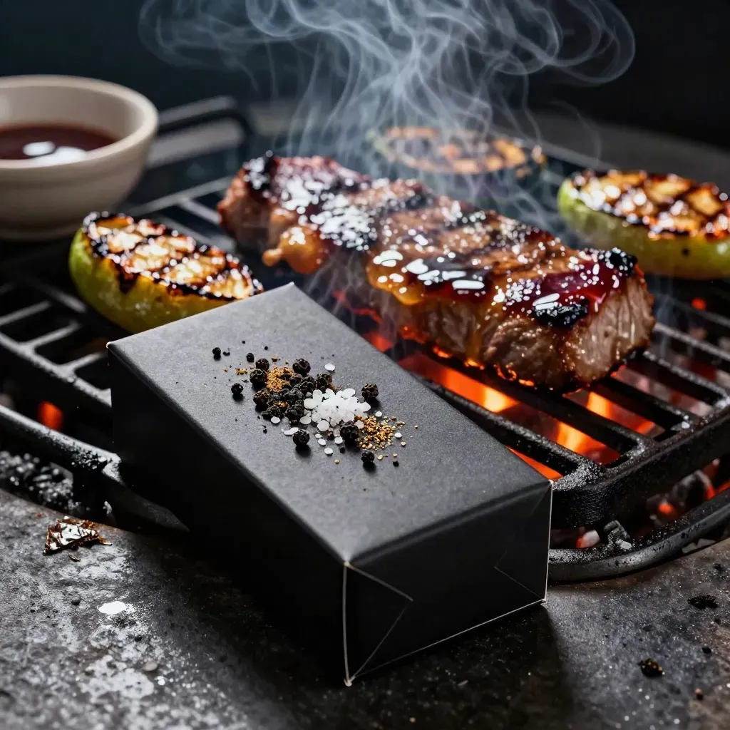 Confezione gourmet con pepe, sale affumicato, salsa dolce e carne sulla griglia fumante.