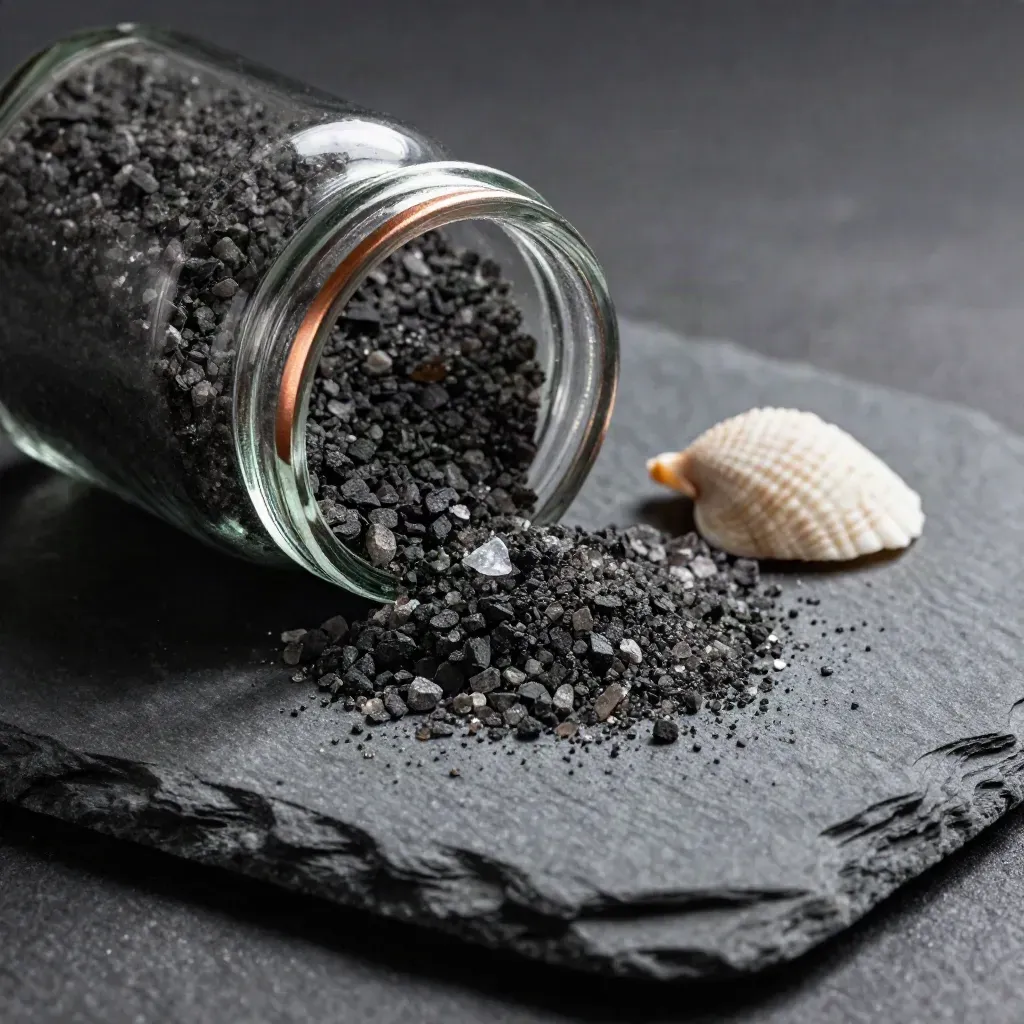 Vasetto basso di sale nero di Cipro su ardesia con cristalli sparsi e una piccola conchiglia chiara.