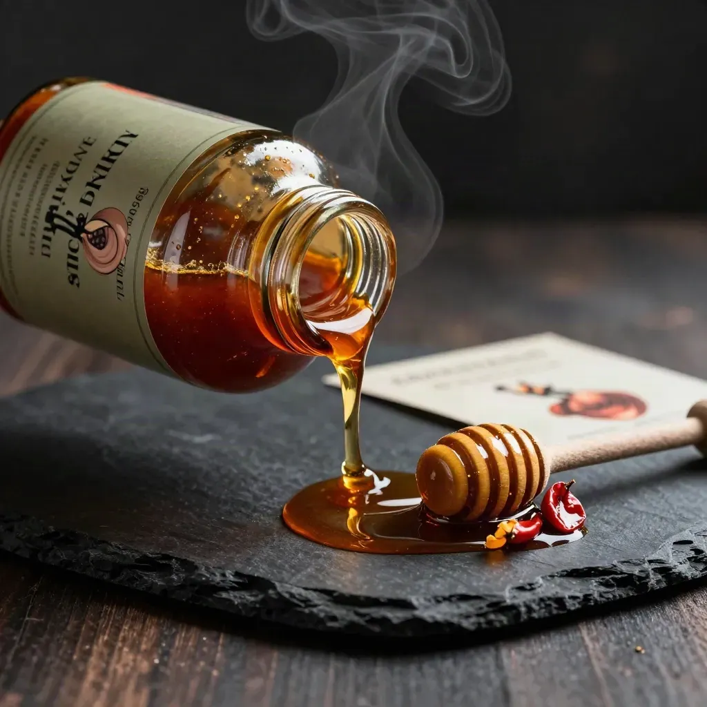 Flacone di salsa peperoncino e miele con miele colante, peperoncini e cipolle glassate.