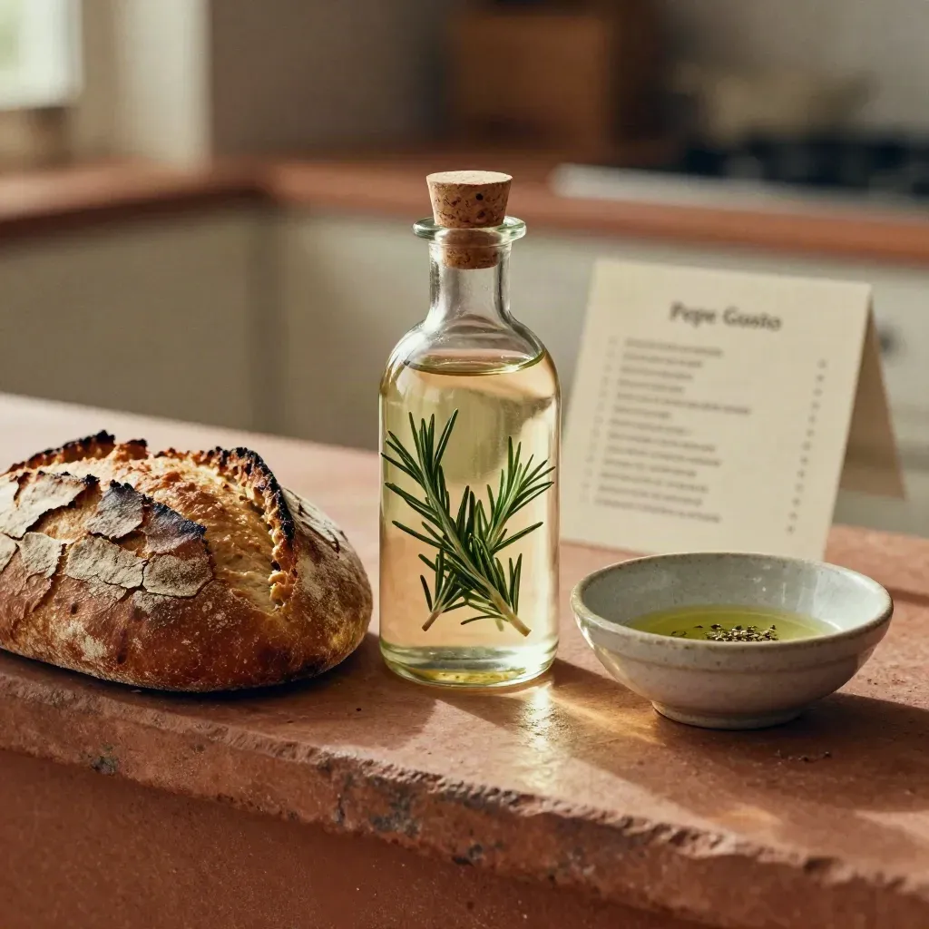 Bottiglia di olio al rosmarino con pane croccante e ciotola in ceramica su pietra calda.