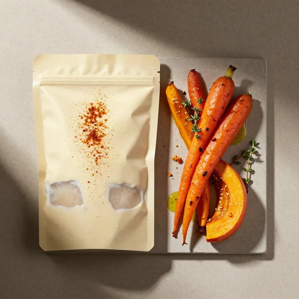 Bustina di mix per verdure arrosto con carote, zucca, timo e olio su sfondo chiaro