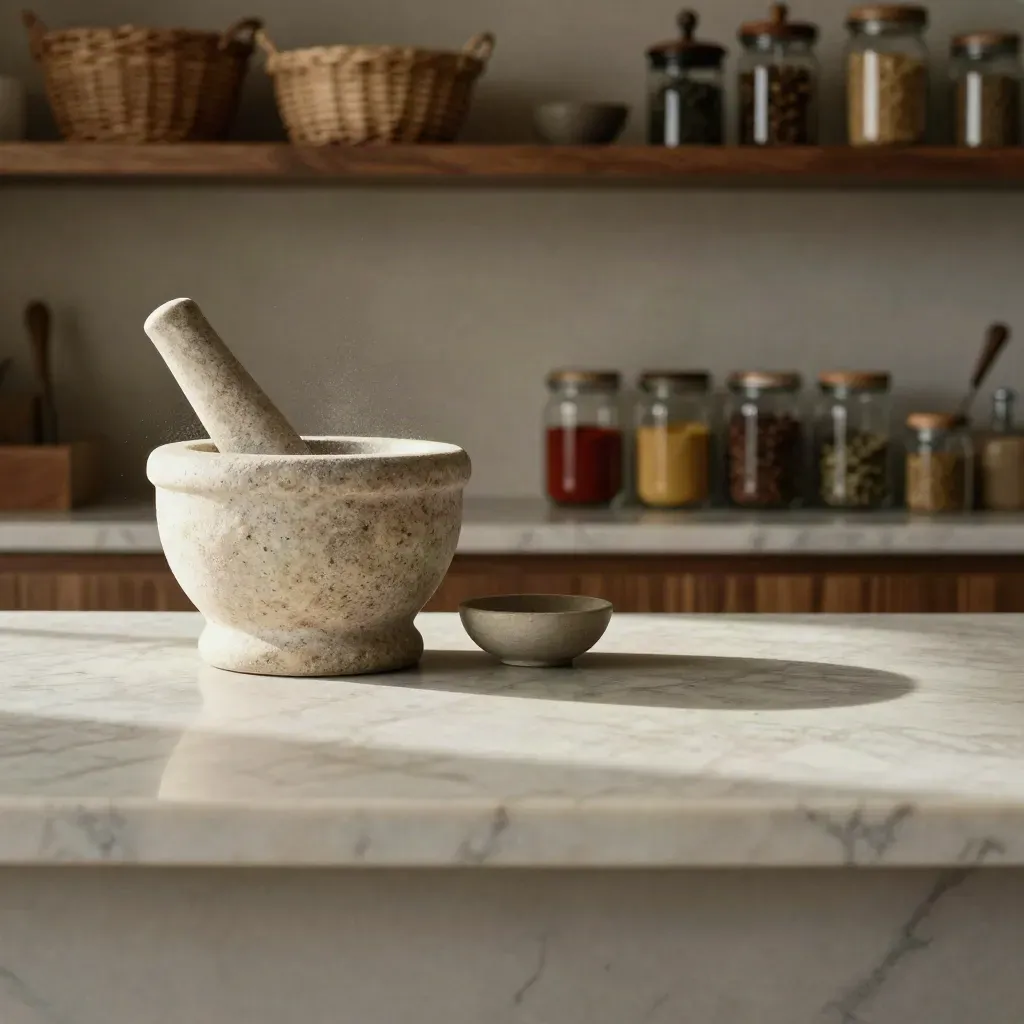 Cucina artigianale in marmo chiaro con mortaio, barattoli sfocati e mensole alte illuminate dal mattino.