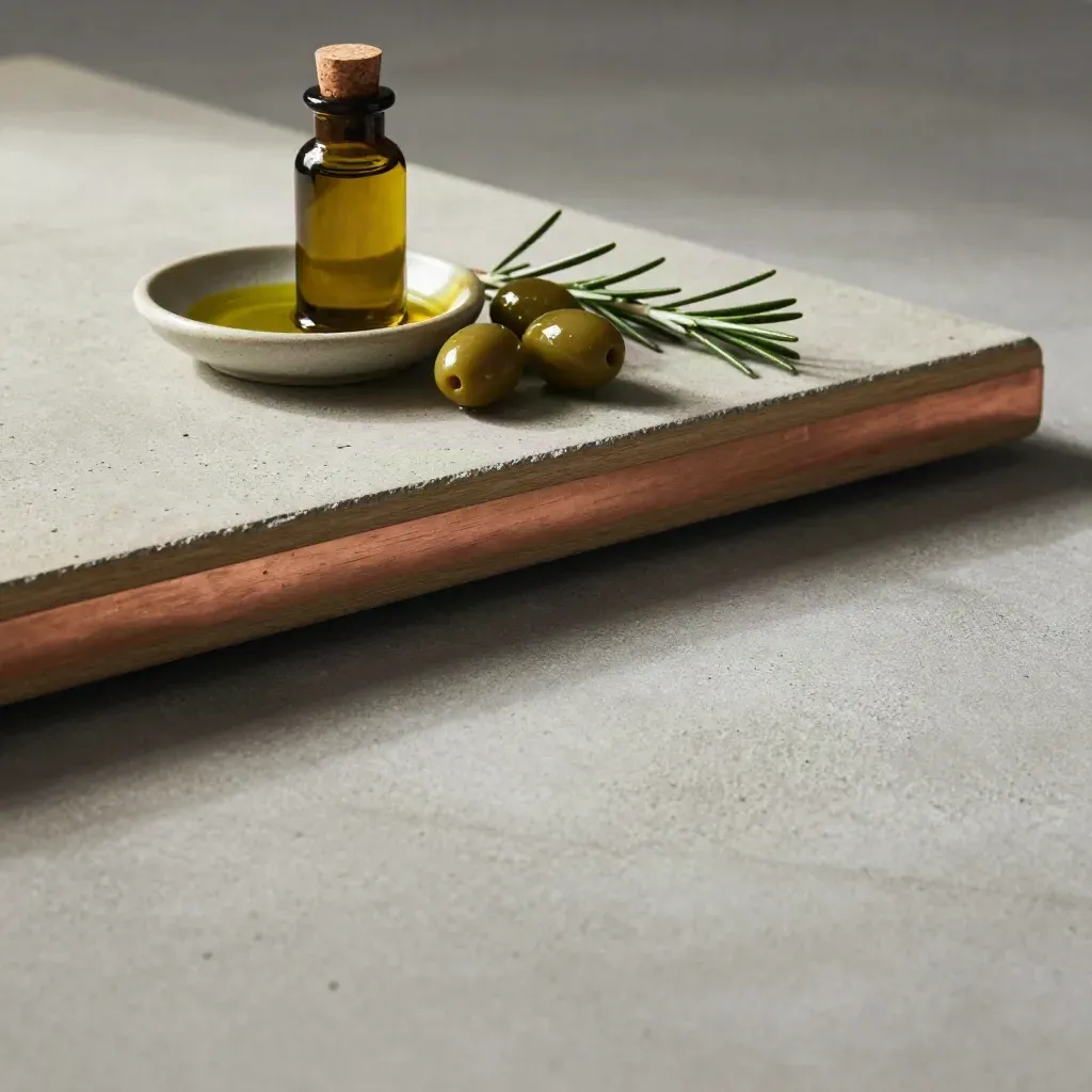 Olio aromatizzato con olive e rosmarino su cemento chiaro e legno.