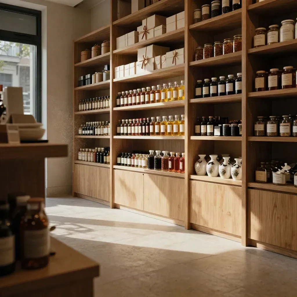 Interno elegante di boutique gourmet con scaffali alti, luce calda e pavimento libero per il testo.