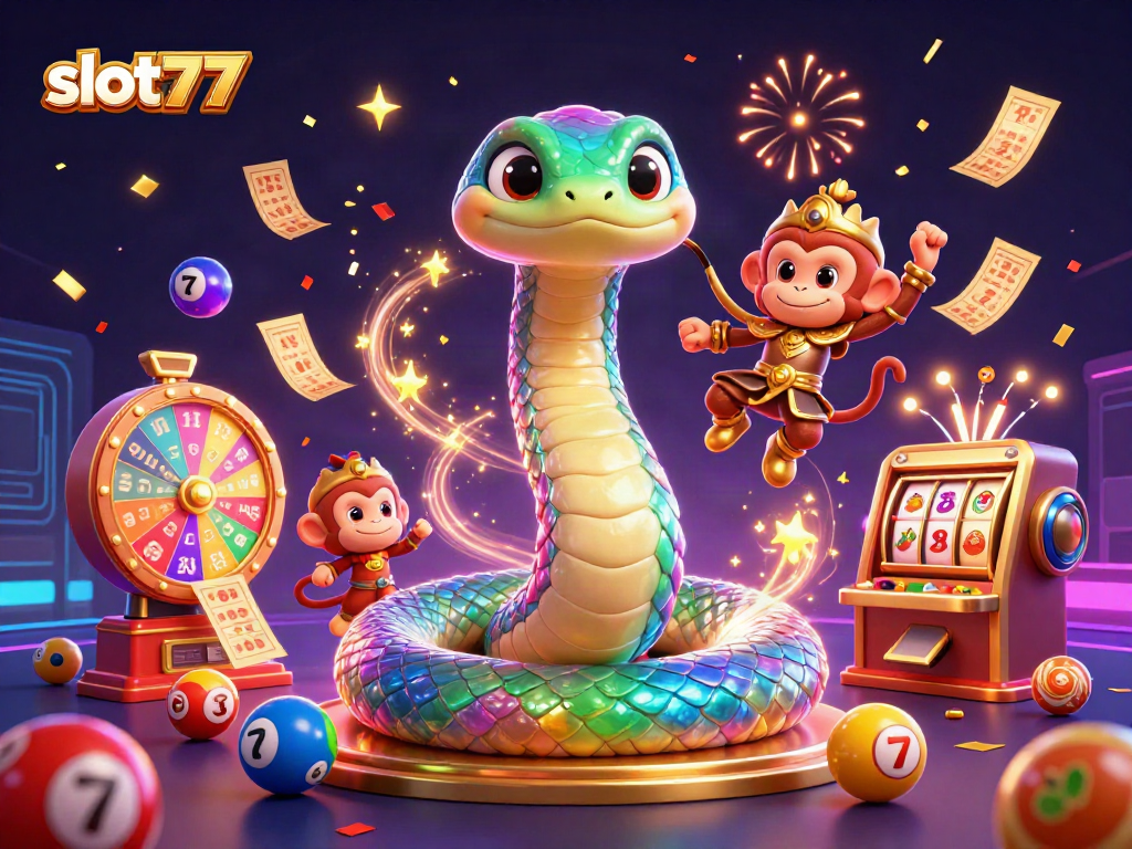 Play immersive slots action with slot777 featuring a vibrant rainbow serpent and monkey king.