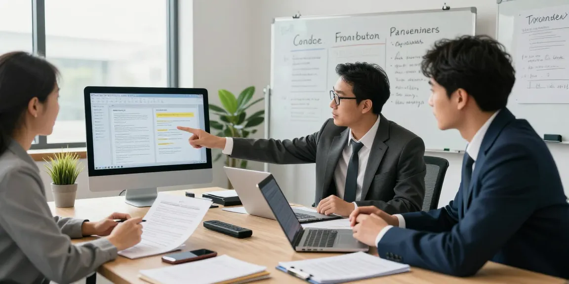 Business professionals collaboratively analyzing document fraud detection strategies in a modern office.