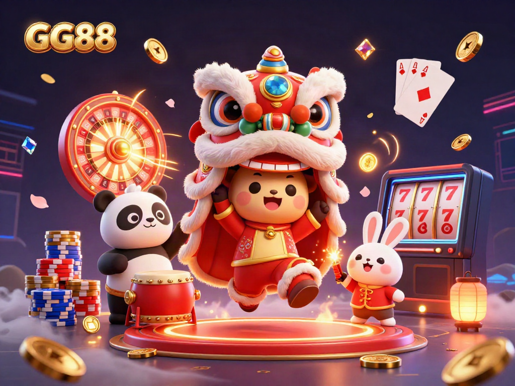 Experience the excitement of GG88 with a vibrant 3D illustration of a lion dance amidst casino elements.