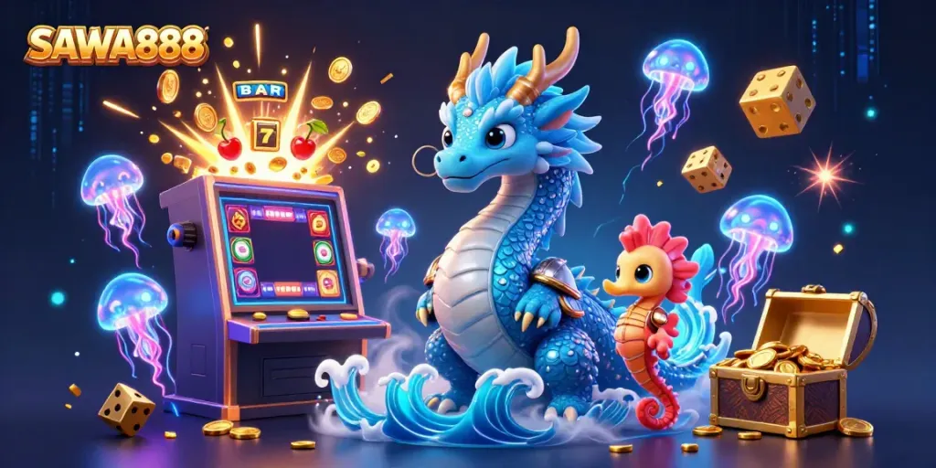 Experience the thrill of SAWA888 with a vibrant underwater casino scene full of exciting game elements.