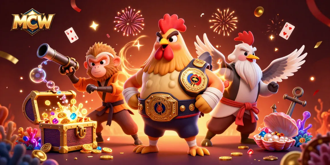 MCW players celebrate wins with a Muay Thai rooster and martial artists, surrounded by vibrant casino elements.
