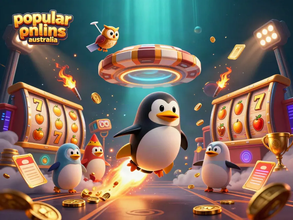 Experience the excitement of popular online pokies Australia with vibrant 3D illustration showcasing a golden penguin and casino elements.