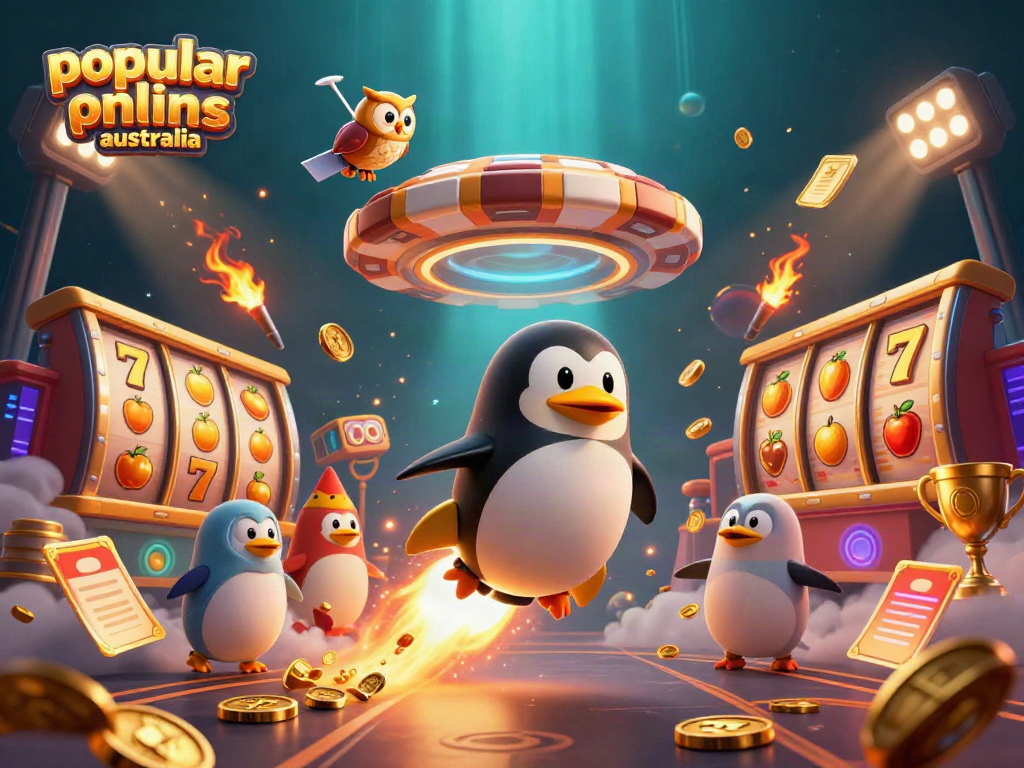 Experience the excitement of popular online pokies Australia with vibrant 3D illustration showcasing a golden penguin and casino elements.
