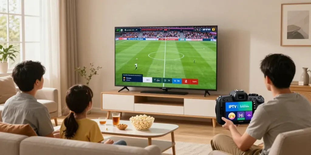 A family enjoying iptv italia in a cozy living room while watching a live soccer game.