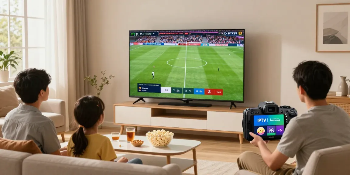 A family enjoying iptv italia in a cozy living room while watching a live soccer game.