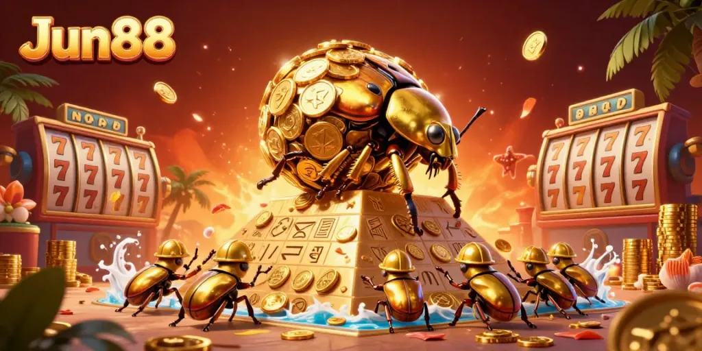 Experience thrilling gameplay with Jun88 in an ultra-detailed casino scene featuring vibrant characters and golden coins.