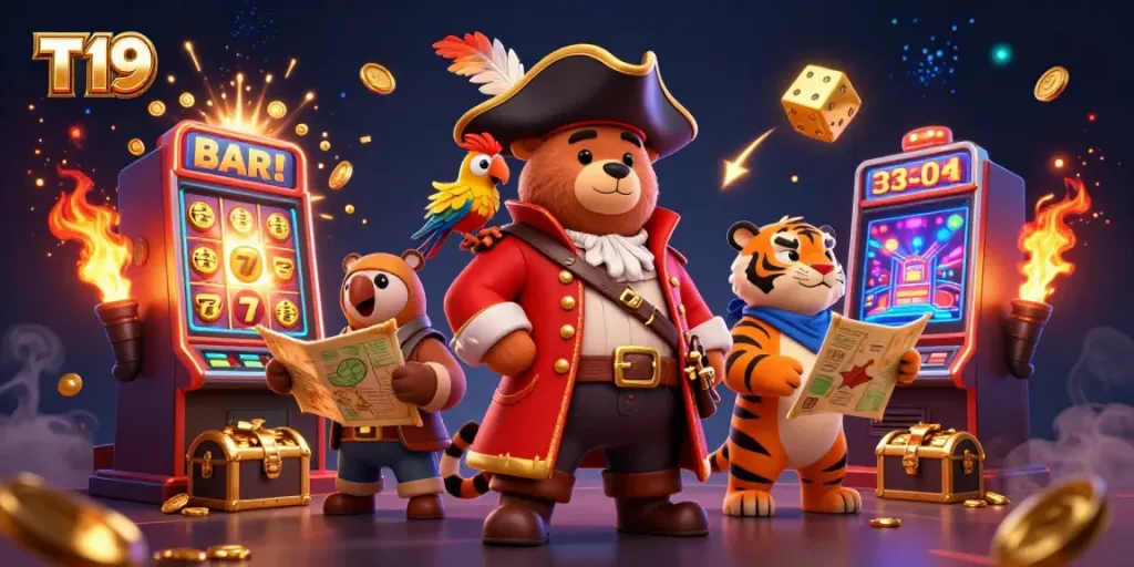 Win big with T19's vibrant casino adventure featuring a pirate bear and his furry crew amidst dazzling jackpots.