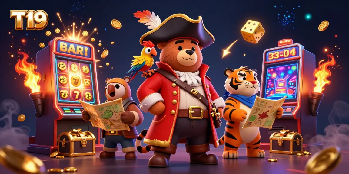 Win big with T19's vibrant casino adventure featuring a pirate bear and his furry crew amidst dazzling jackpots.